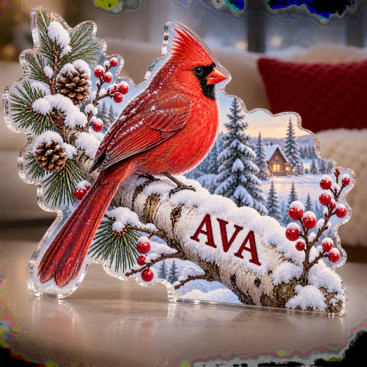 Personalized Cardinal Snow Branch Winter Sofa Decoration custom shape acrylic plaque with an example name set into the artwork, digital preview