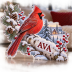 Artwork visualization: Cardinal snow branch — winter sofa decoration, personalized AVA, subject-shaped acrylic with printed optical 3D depth; not carved relief.