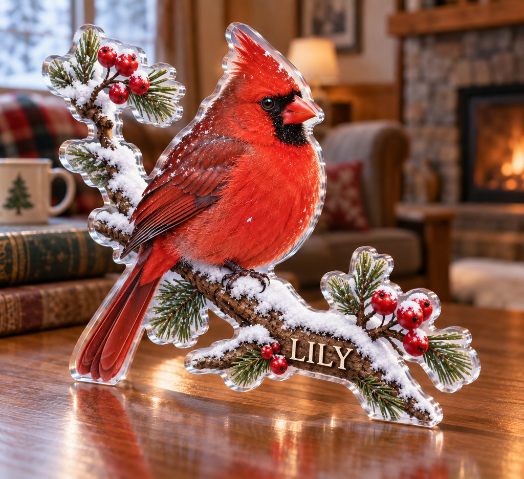 Artwork visualization: Cardinal snow branch — cozy winter reading, personalized LILY, subject-shaped acrylic with printed optical 3D depth; not carved relief.