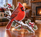 Artwork visualization: Cardinal snow branch — cozy winter reading, personalized LILY, subject-shaped acrylic with printed optical 3D depth; not carved relief.