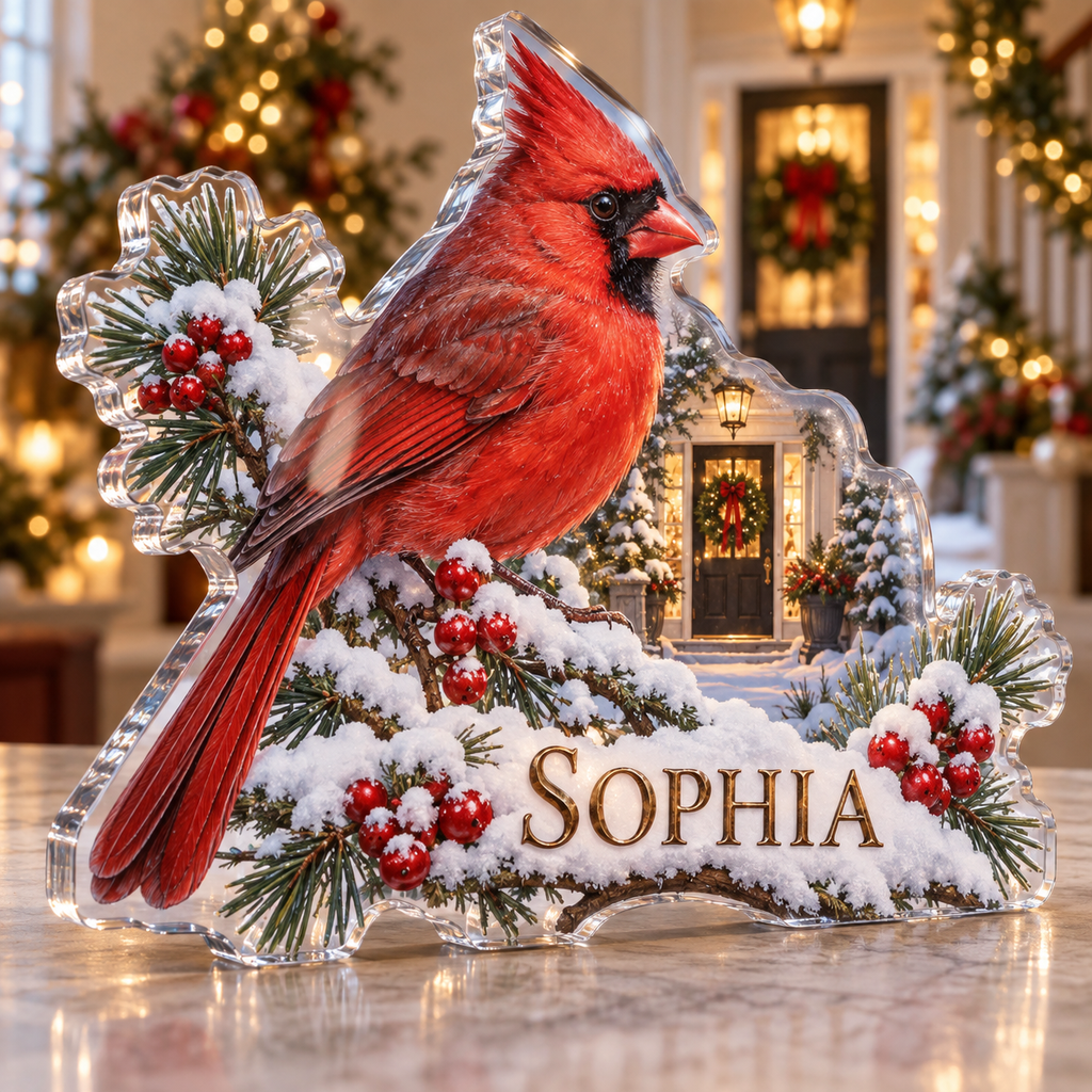 Artwork visualization: Cardinal snow branch — host holiday gift, personalized SOPHIA, subject-shaped acrylic with printed optical 3D depth; not carved relief.
