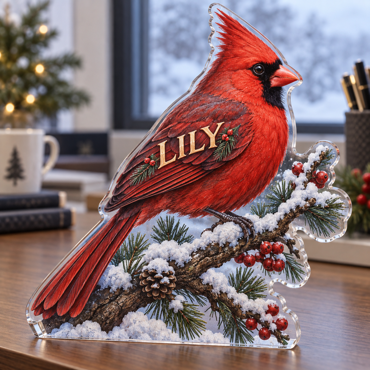 Artwork visualization: Cardinal snow branch — office winter desk, personalized LILY, subject-shaped acrylic with printed optical 3D depth; not carved relief.