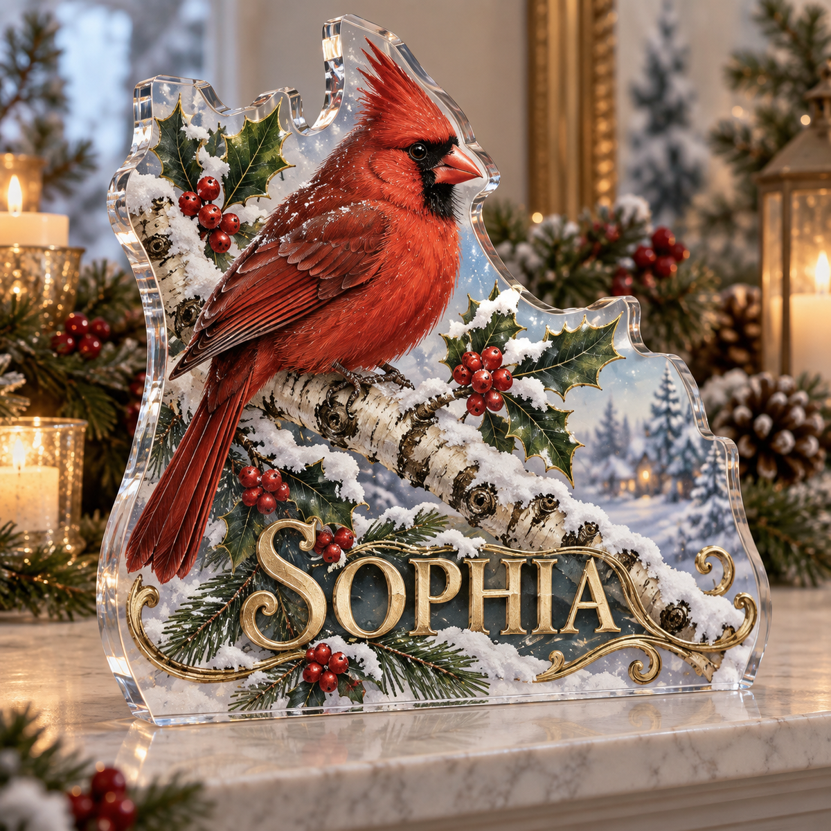 Artwork visualization: Cardinal snow branch — family matching holiday, personalized SOPHIA, subject-shaped acrylic with printed optical 3D depth; not carved relief.