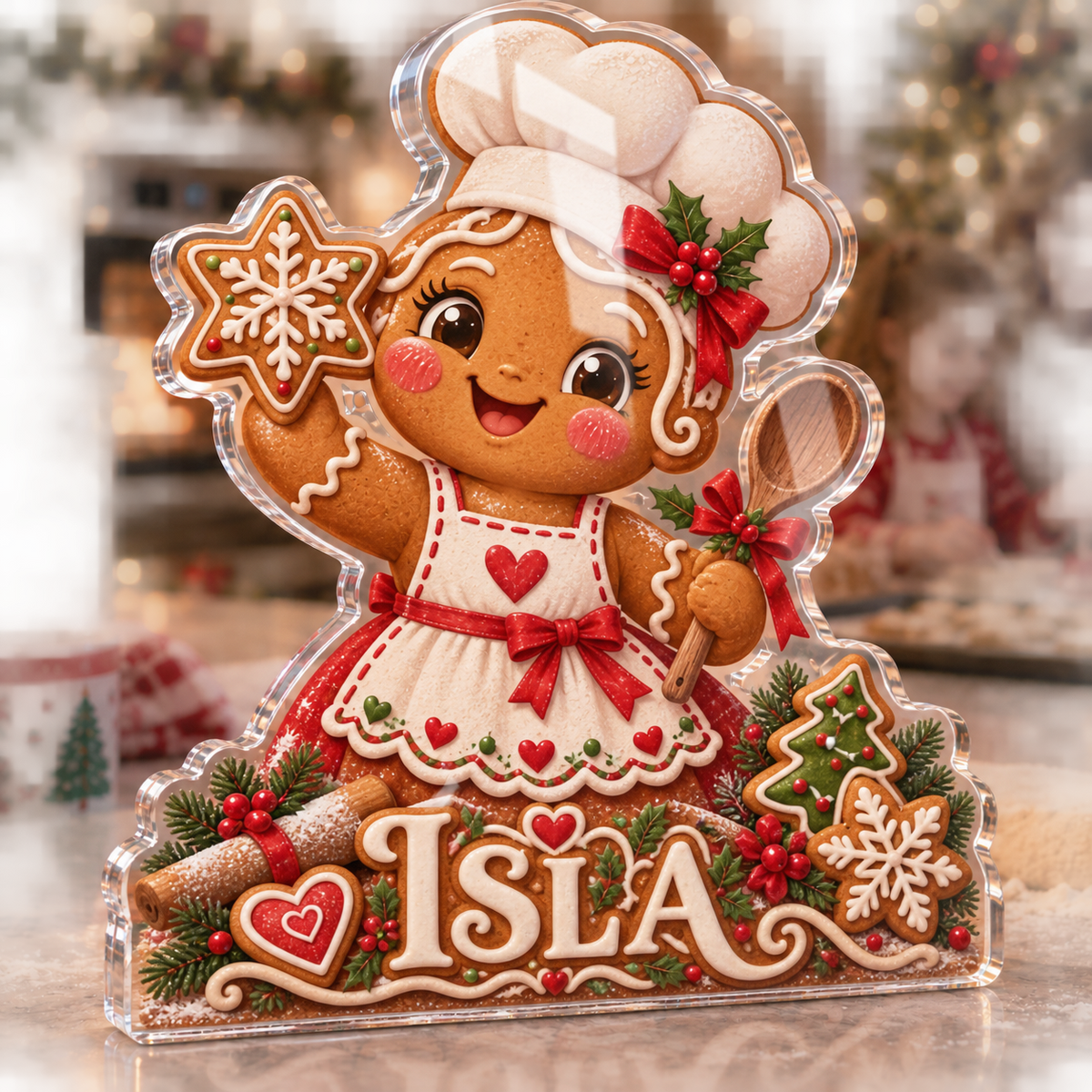 Artwork visualization: Cookie baking Christmas — family Christmas keepsake, personalized ISLA, subject-shaped acrylic with printed optical 3D depth; not carved relief.