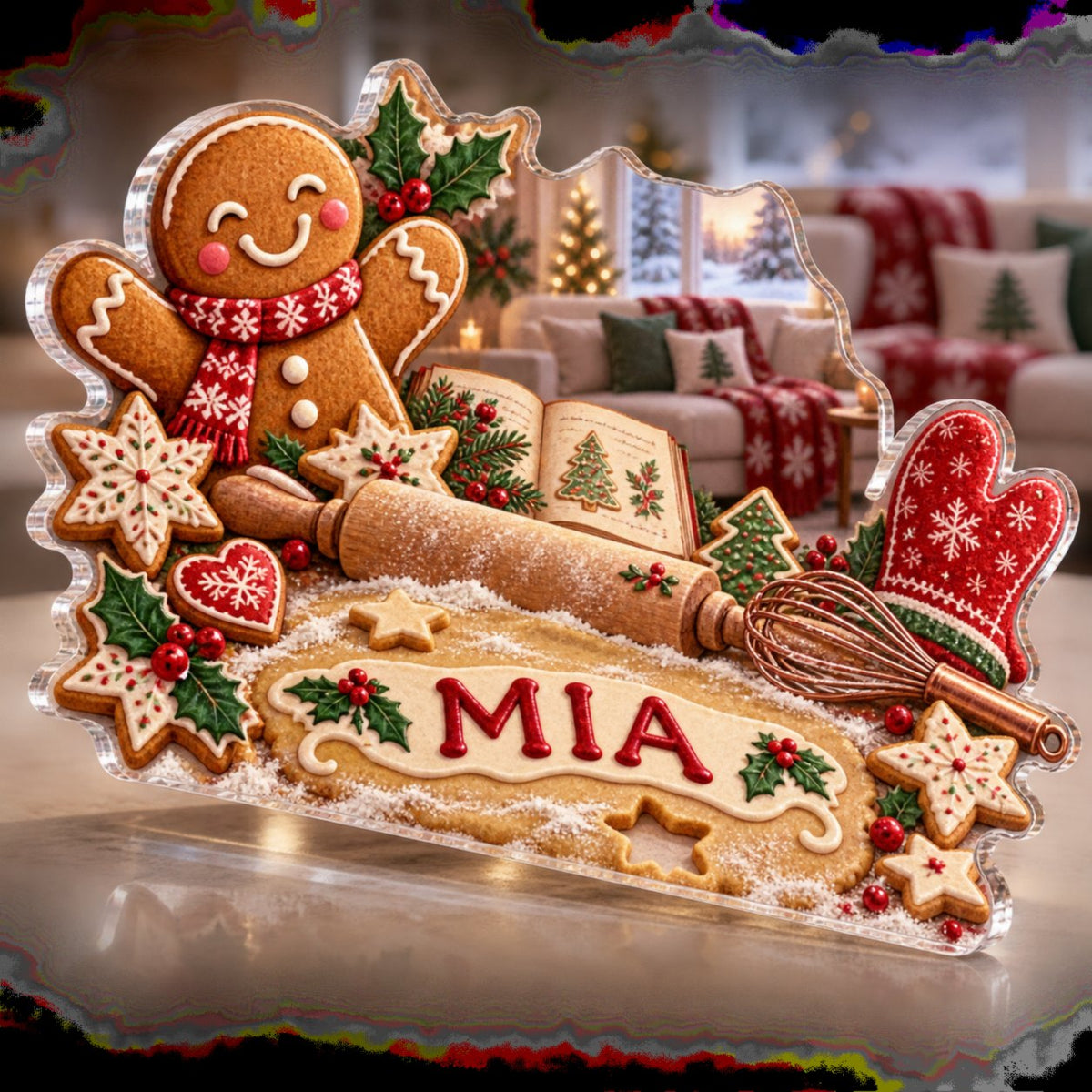 Personalized Cookie Baking Christmas Winter Sofa Decoration custom shape acrylic plaque with an example name set into the artwork, digital preview