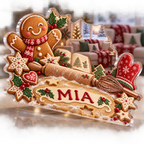 Artwork visualization: Cookie baking Christmas — winter sofa decoration, personalized MIA, subject-shaped acrylic with printed optical 3D depth; not carved relief.