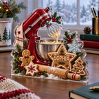 Artwork visualization: Cookie baking Christmas — office winter desk, personalized SOPHIA, subject-shaped acrylic with printed optical 3D depth; not carved relief.