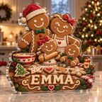 Artwork visualization: Cookie baking Christmas — family matching holiday, personalized EMMA, subject-shaped acrylic with printed optical 3D depth; not carved relief.