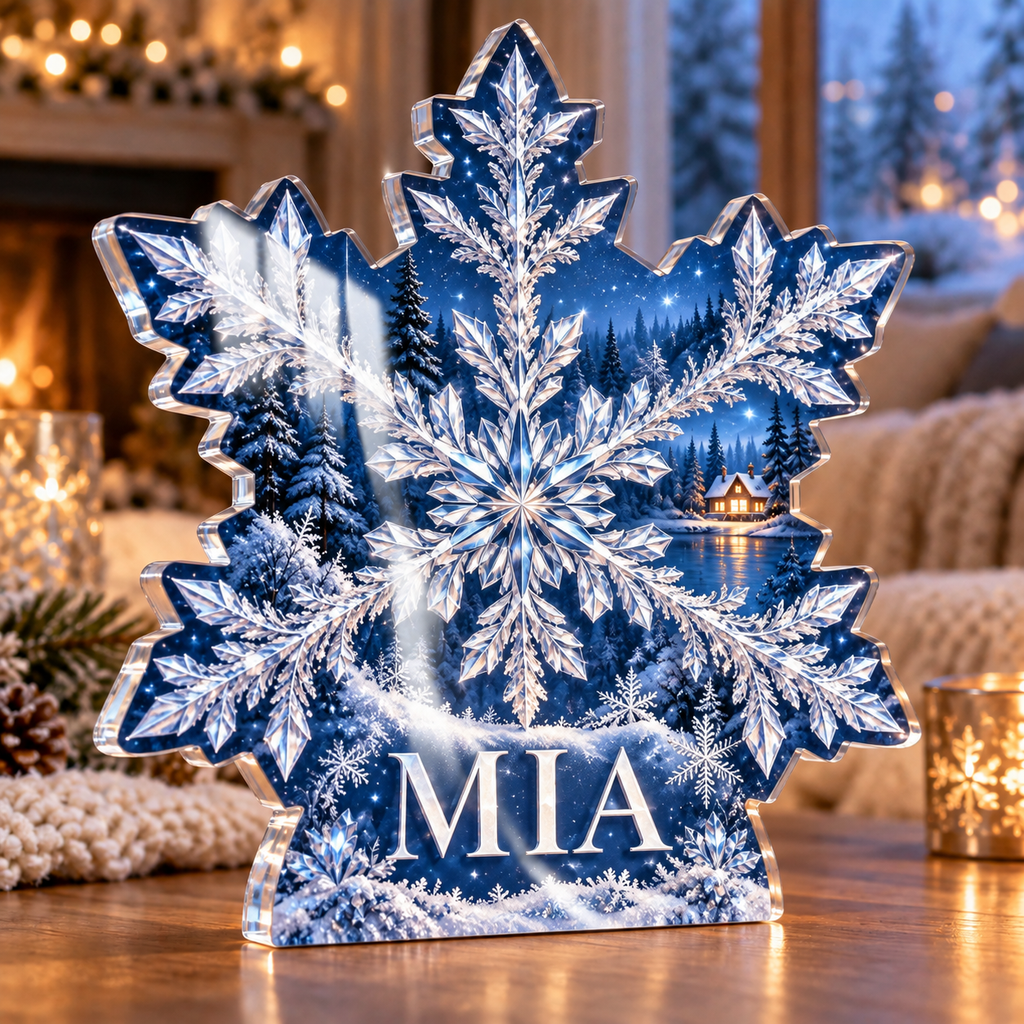 Artwork visualization: Snowflake geometry — family Christmas keepsake, personalized MIA, subject-shaped acrylic with printed optical 3D depth; not carved relief.