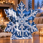 Artwork visualization: Snowflake geometry — family Christmas keepsake, personalized MIA, subject-shaped acrylic with printed optical 3D depth; not carved relief.