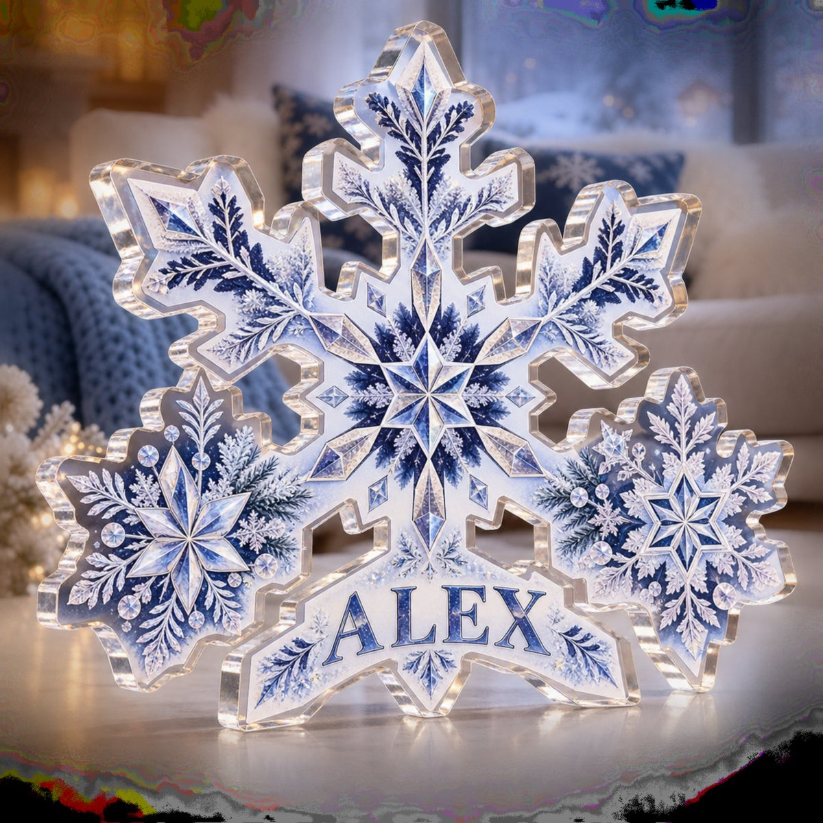 Personalized Snowflake Geometry Winter Sofa Decoration custom shape acrylic plaque with an example name set into the artwork, digital preview