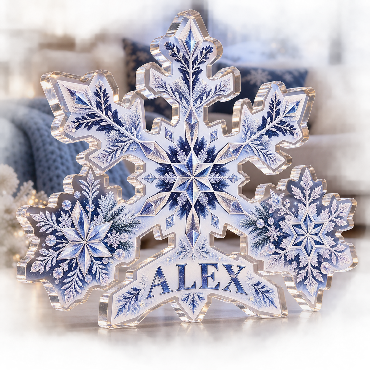 Artwork visualization: Snowflake geometry — winter sofa decoration, personalized ALEX, subject-shaped acrylic with printed optical 3D depth; not carved relief.