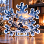 Artwork visualization: Snowflake geometry — cozy winter reading, personalized EMMA, subject-shaped acrylic with printed optical 3D depth; not carved relief.