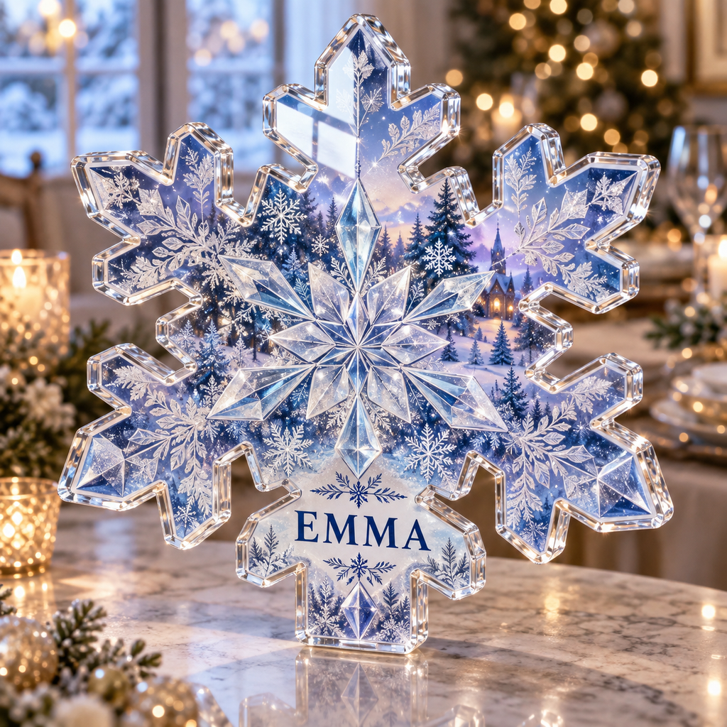 Artwork visualization: Snowflake geometry — host holiday gift, personalized EMMA, subject-shaped acrylic with printed optical 3D depth; not carved relief.