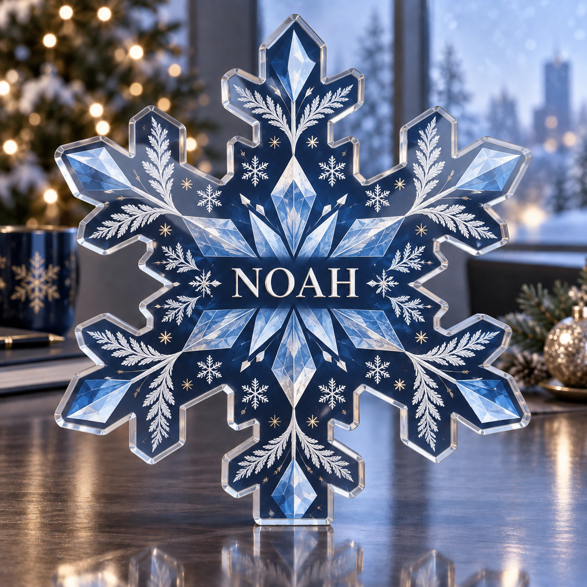 Artwork visualization: Snowflake geometry — office winter desk, personalized NOAH, subject-shaped acrylic with printed optical 3D depth; not carved relief.
