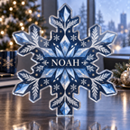 Artwork visualization: Snowflake geometry — office winter desk, personalized NOAH, subject-shaped acrylic with printed optical 3D depth; not carved relief.