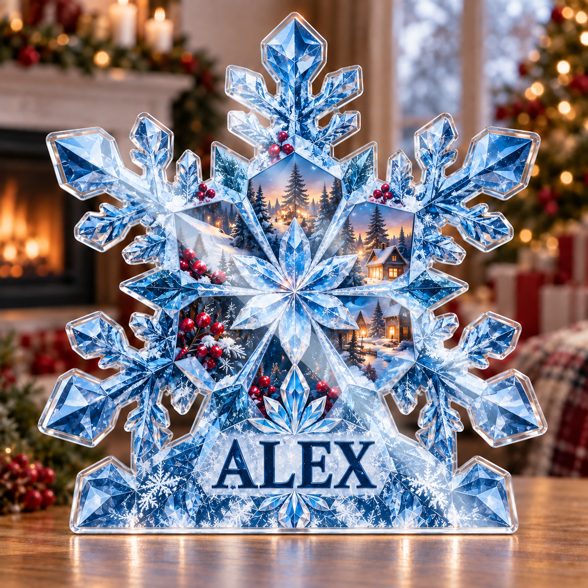 Artwork visualization: Snowflake geometry — family matching holiday, personalized ALEX, subject-shaped acrylic with printed optical 3D depth; not carved relief.