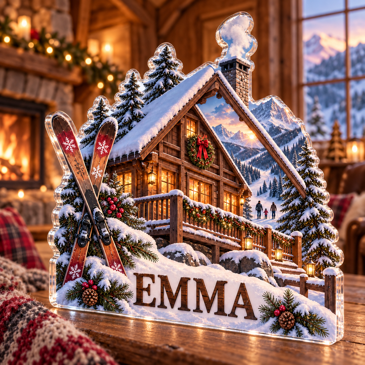Artwork visualization: Ski cabin winter — family Christmas keepsake, personalized EMMA, subject-shaped acrylic with printed optical 3D depth; not carved relief.