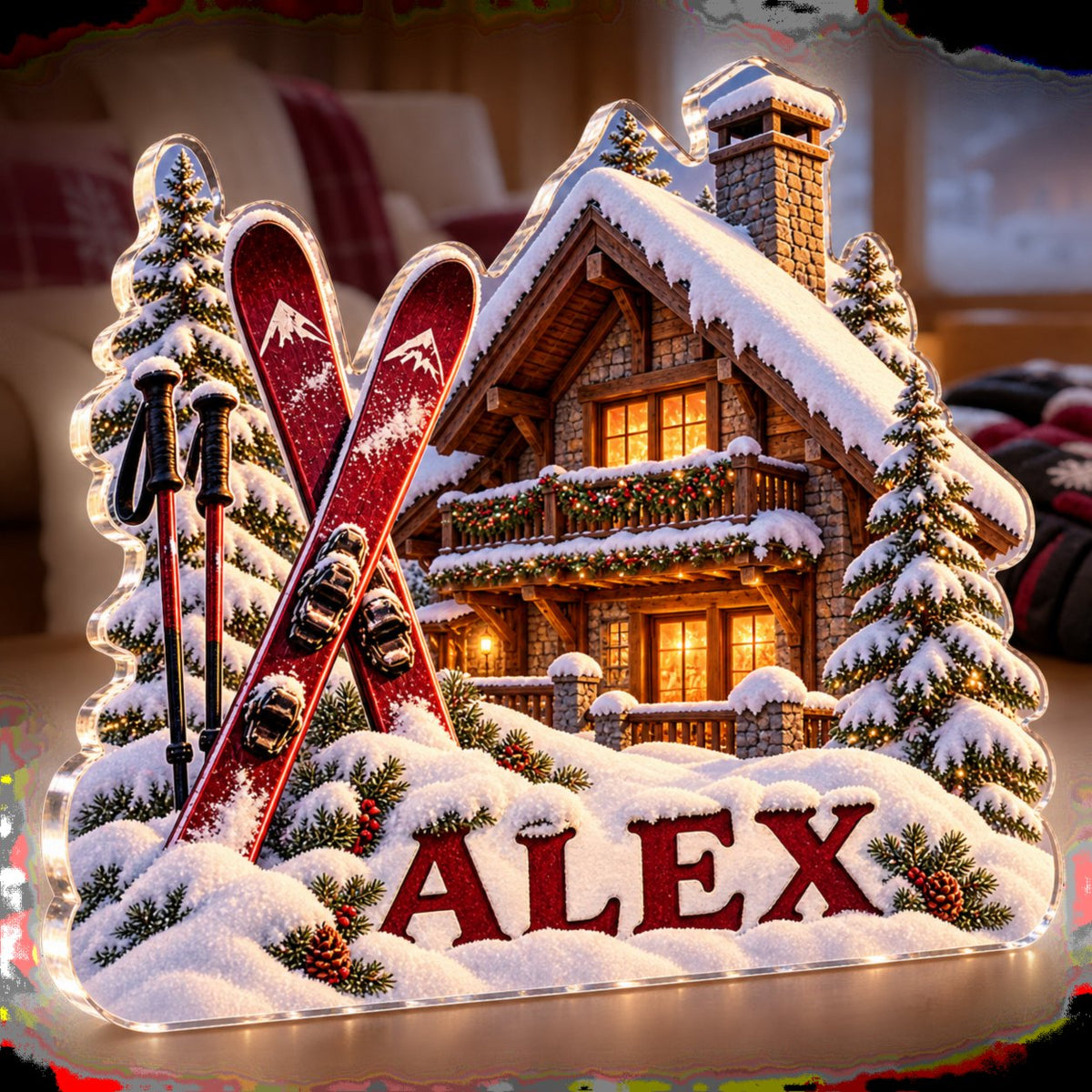 Personalized Ski Cabin Winter Winter Sofa Decoration custom shape acrylic plaque with an example name set into the artwork, digital preview
