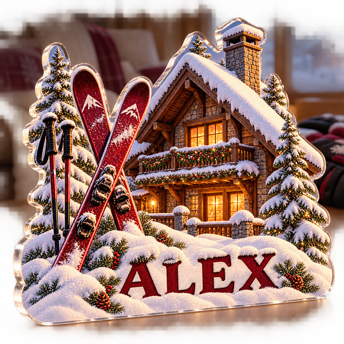 Artwork visualization: Ski cabin winter — winter sofa decoration, personalized ALEX, subject-shaped acrylic with printed optical 3D depth; not carved relief.