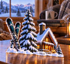 Artwork visualization: Ski cabin winter — cozy winter reading, personalized ISLA, subject-shaped acrylic with printed optical 3D depth; not carved relief.