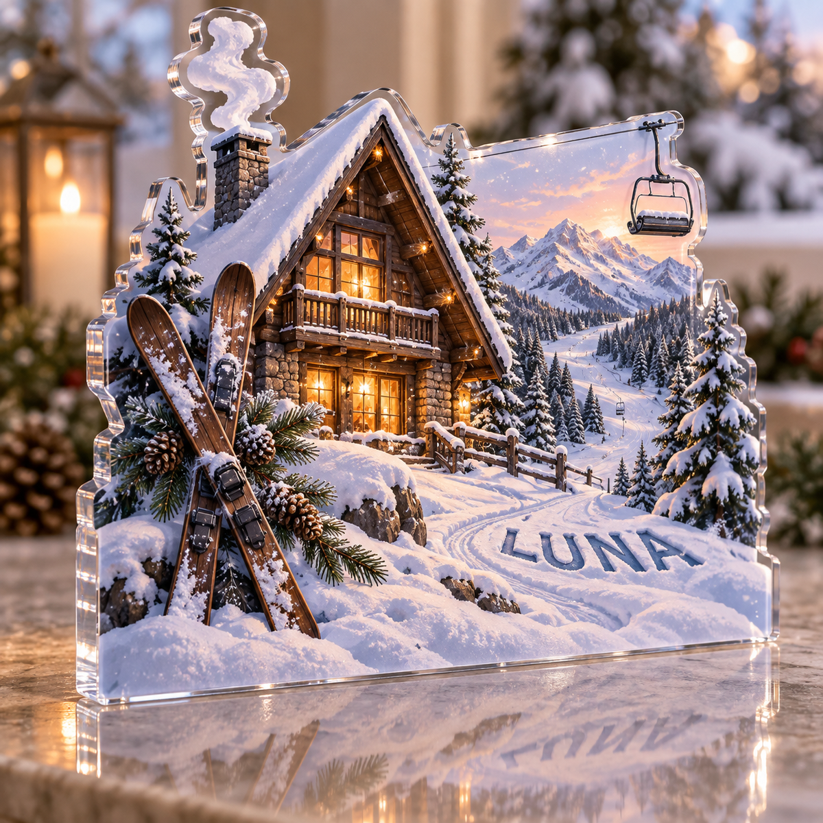 Artwork visualization: Ski cabin winter — host holiday gift, personalized LUNA, subject-shaped acrylic with printed optical 3D depth; not carved relief.