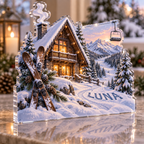 Artwork visualization: Ski cabin winter — host holiday gift, personalized LUNA, subject-shaped acrylic with printed optical 3D depth; not carved relief.
