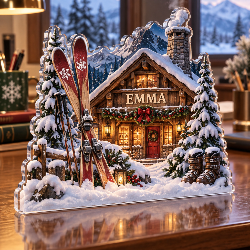 Artwork visualization: Ski cabin winter — office winter desk, personalized EMMA, subject-shaped acrylic with printed optical 3D depth; not carved relief.