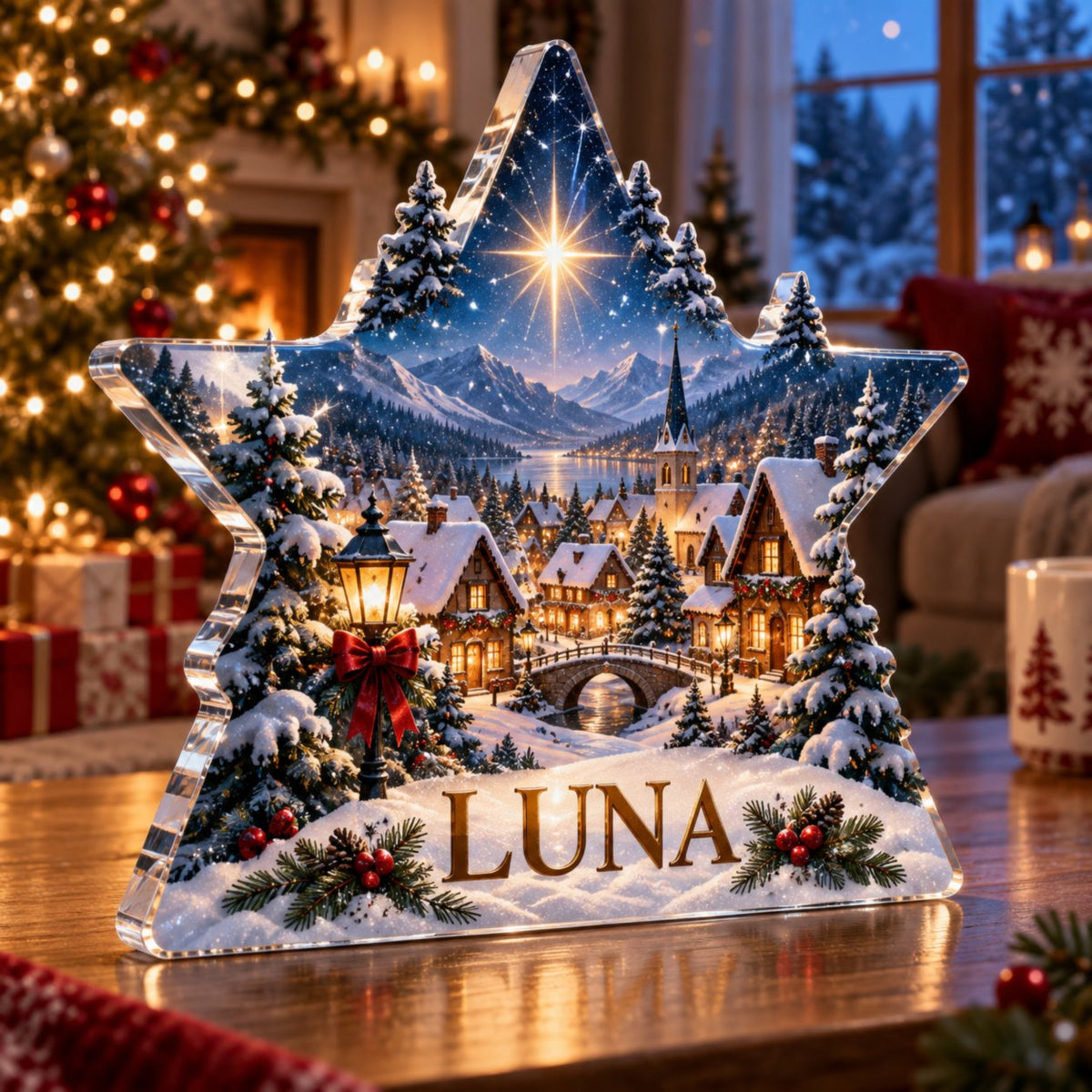 Personalized Winter Star Village Family Christmas Keepsake custom shape acrylic plaque with an example name set into the artwork, digital preview