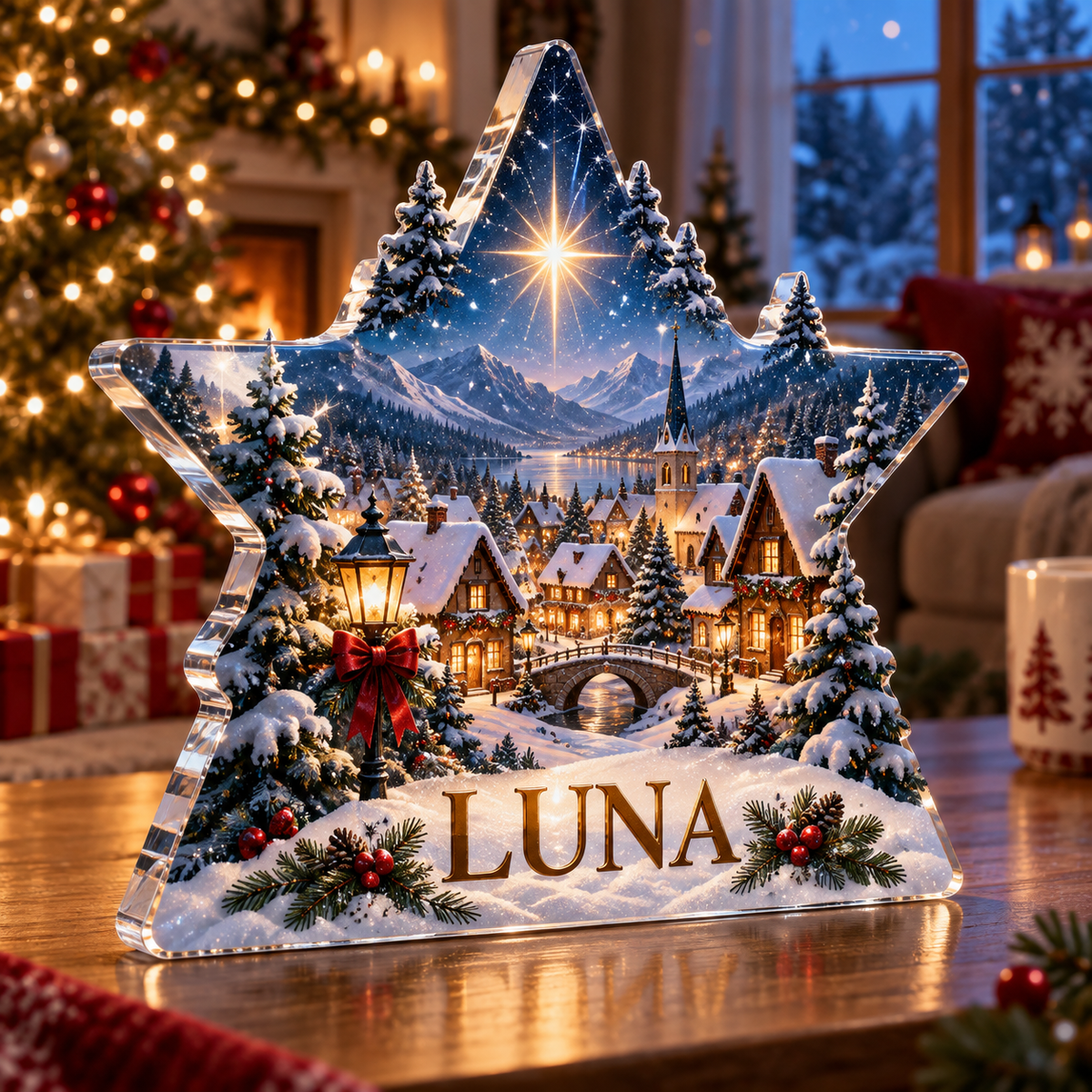 Artwork visualization: Winter star village — family Christmas keepsake, personalized LUNA, subject-shaped acrylic with printed optical 3D depth; not carved relief.