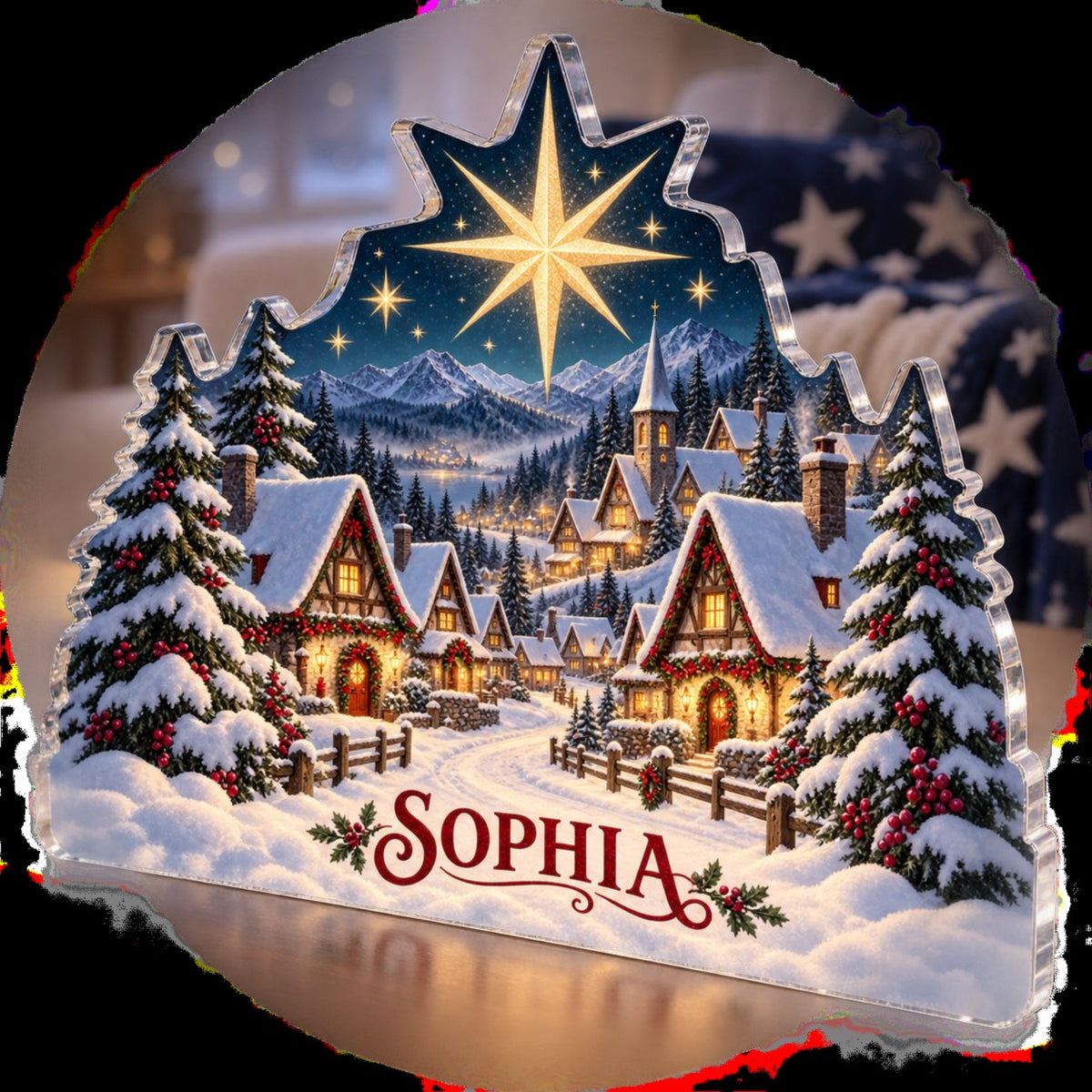 Personalized Winter Star Village Winter Sofa Decoration custom shape acrylic plaque with an example name set into the artwork, digital preview
