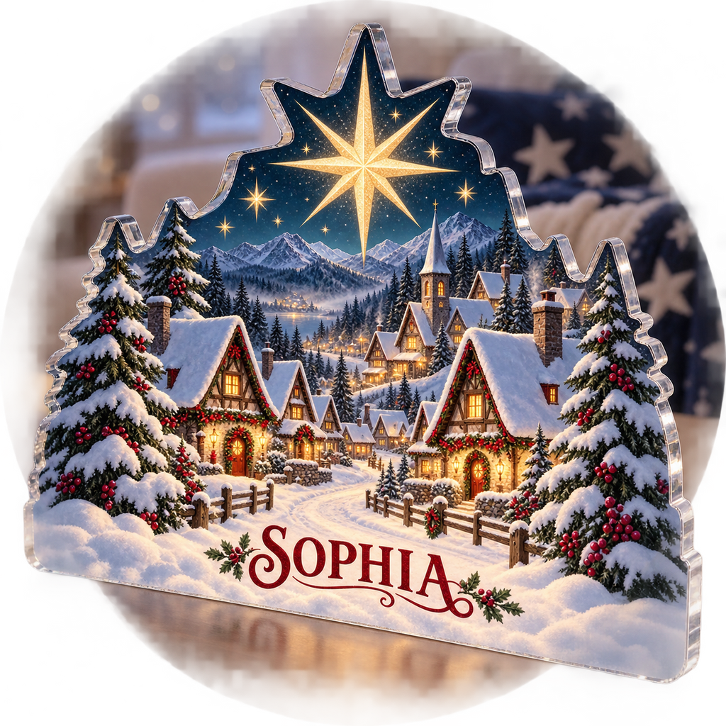 Artwork visualization: Winter star village — winter sofa decoration, personalized SOPHIA, subject-shaped acrylic with printed optical 3D depth; not carved relief.
