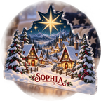 Artwork visualization: Winter star village — winter sofa decoration, personalized SOPHIA, subject-shaped acrylic with printed optical 3D depth; not carved relief.