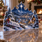 Artwork visualization: Winter star village — host holiday gift, personalized LUNA, subject-shaped acrylic with printed optical 3D depth; not carved relief.