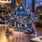 Artwork visualization: Winter star village — office winter desk, personalized JACK, subject-shaped acrylic with printed optical 3D depth; not carved relief.