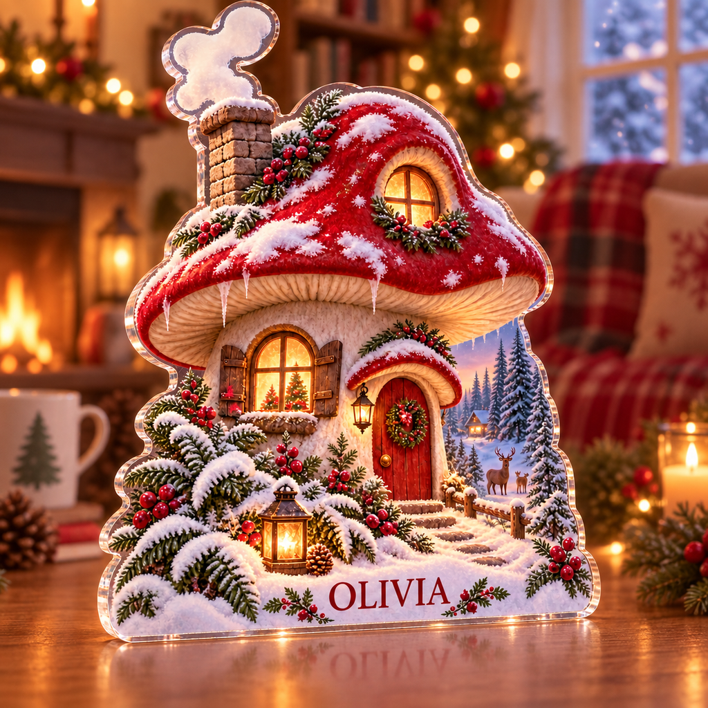 Artwork visualization: Holiday mushroom cottage — family Christmas keepsake, personalized OLIVIA, subject-shaped acrylic with printed optical 3D depth; not carved relief.