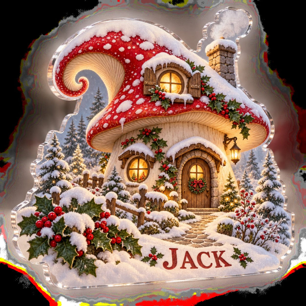 Personalized Holiday Mushroom Cottage Winter Sofa Decoration custom shape acrylic plaque with an example name set into the artwork, digital preview