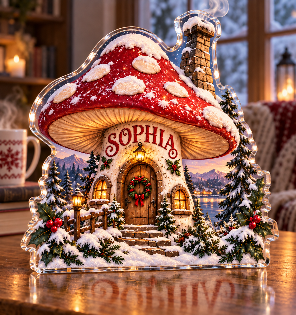 Artwork visualization: Holiday mushroom cottage — cozy winter reading, personalized SOPHIA, subject-shaped acrylic with printed optical 3D depth; not carved relief.