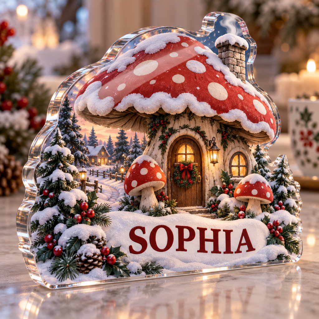 Artwork visualization: Holiday mushroom cottage — host holiday gift, personalized SOPHIA, subject-shaped acrylic with printed optical 3D depth; not carved relief.