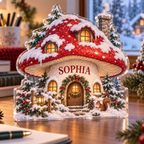 Artwork visualization: Holiday mushroom cottage — office winter desk, personalized SOPHIA, subject-shaped acrylic with printed optical 3D depth; not carved relief.