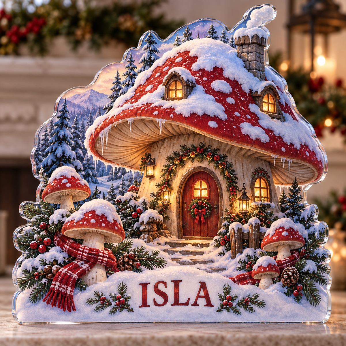 Artwork visualization: Holiday mushroom cottage — family matching holiday, personalized ISLA, subject-shaped acrylic with printed optical 3D depth; not carved relief.
