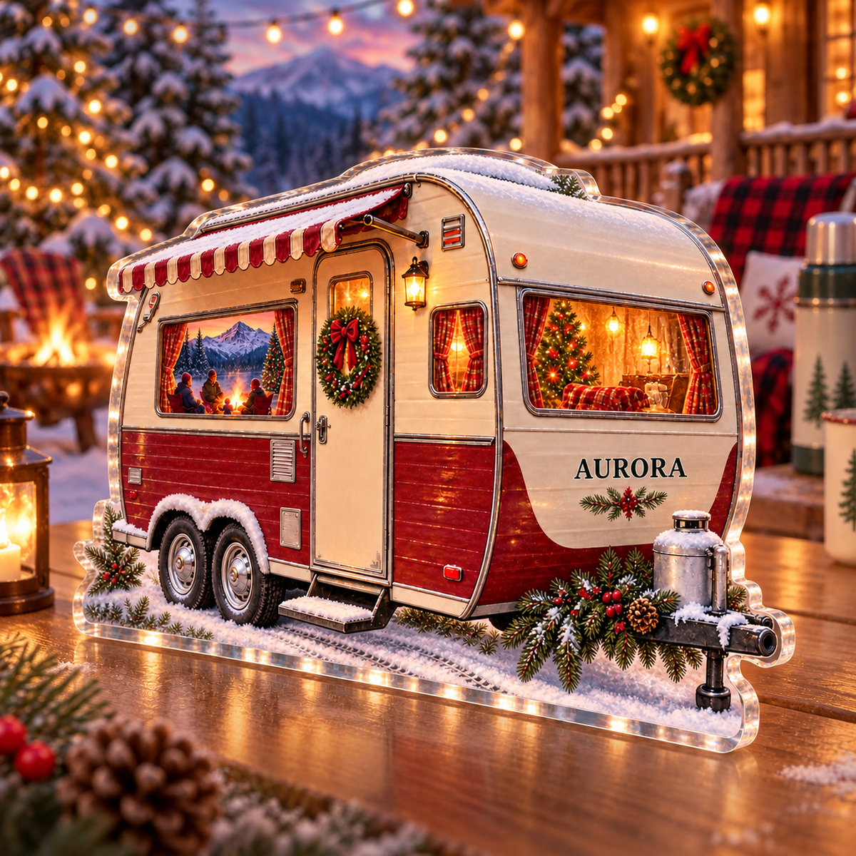 Artwork visualization: Christmas camper — family Christmas keepsake, personalized AURORA, subject-shaped acrylic with printed optical 3D depth; not carved relief.