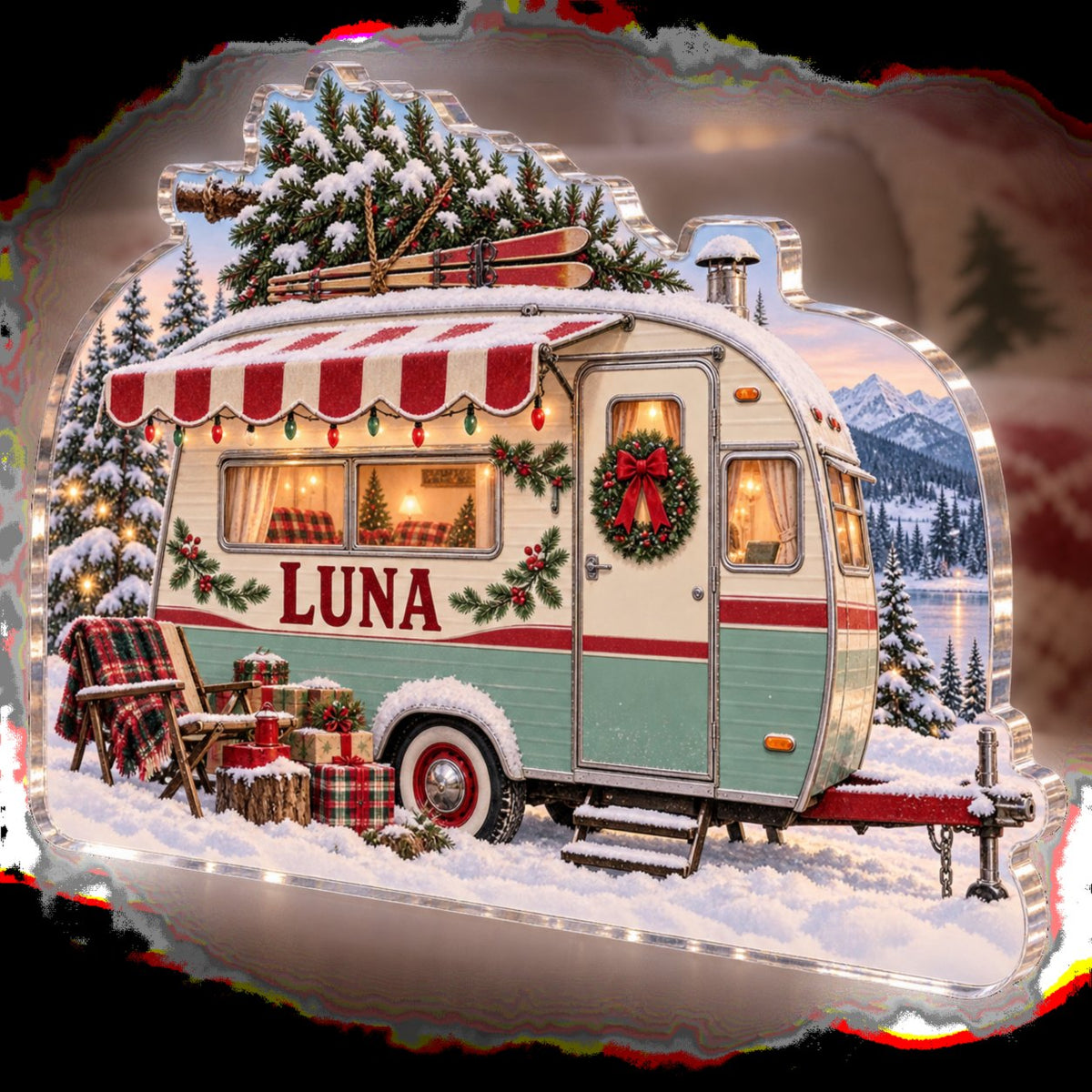 Personalized Christmas Camper Winter Sofa Decoration custom shape acrylic plaque with an example name set into the artwork, digital preview