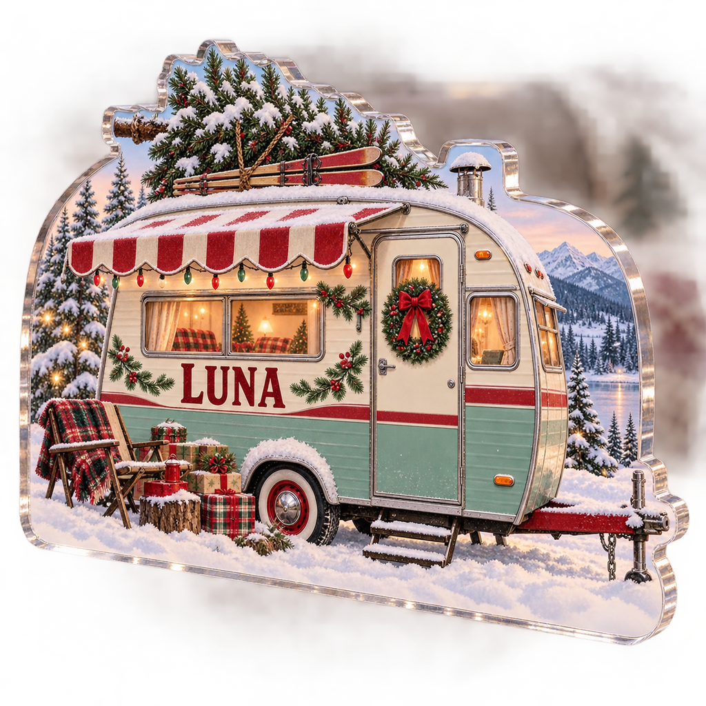 Artwork visualization: Christmas camper — winter sofa decoration, personalized LUNA, subject-shaped acrylic with printed optical 3D depth; not carved relief.