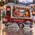 Artwork visualization: Christmas camper — cozy winter reading, personalized SOPHIA, subject-shaped acrylic with printed optical 3D depth; not carved relief.