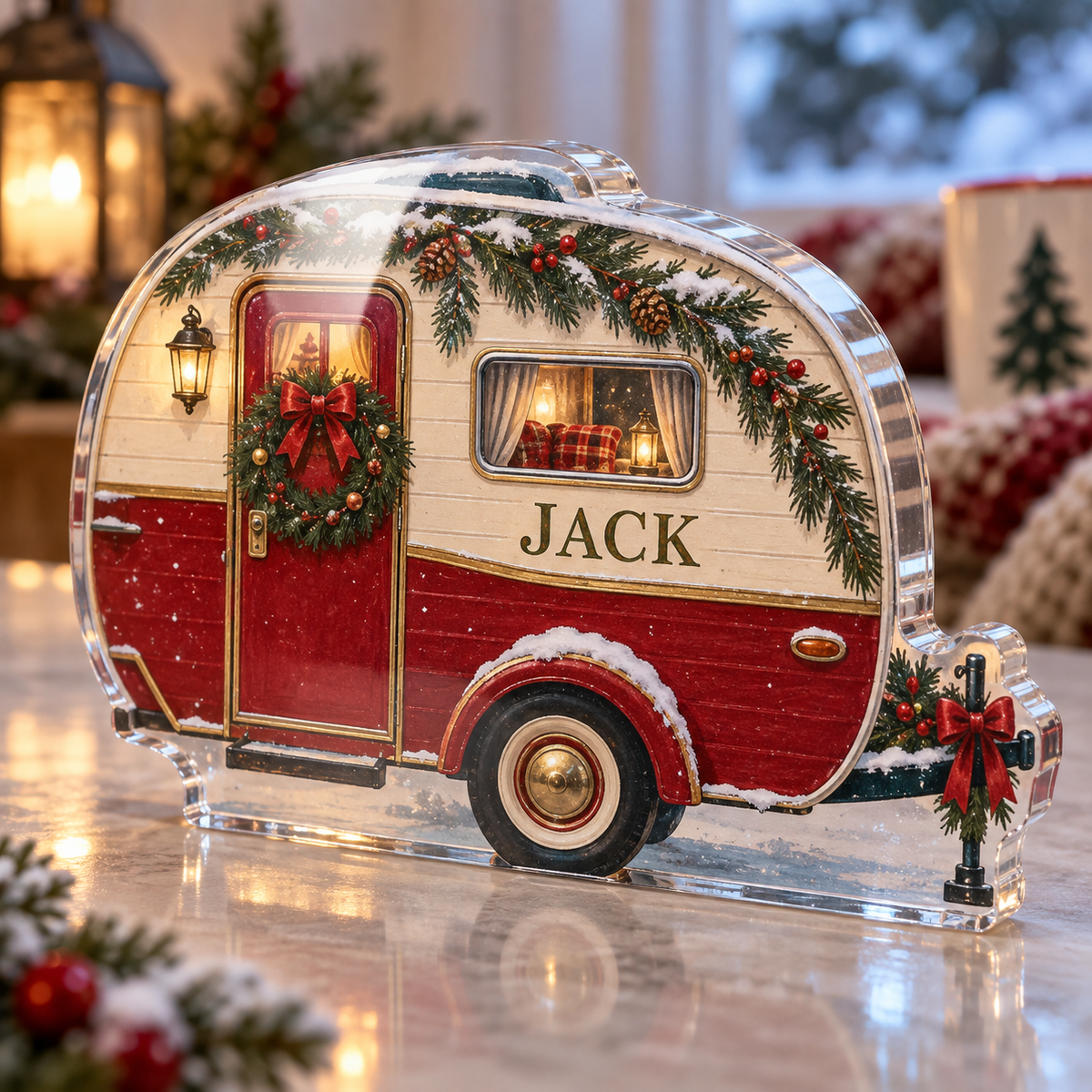 Artwork visualization: Christmas camper — host holiday gift, personalized JACK, subject-shaped acrylic with printed optical 3D depth; not carved relief.
