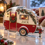 Artwork visualization: Christmas camper — host holiday gift, personalized JACK, subject-shaped acrylic with printed optical 3D depth; not carved relief.