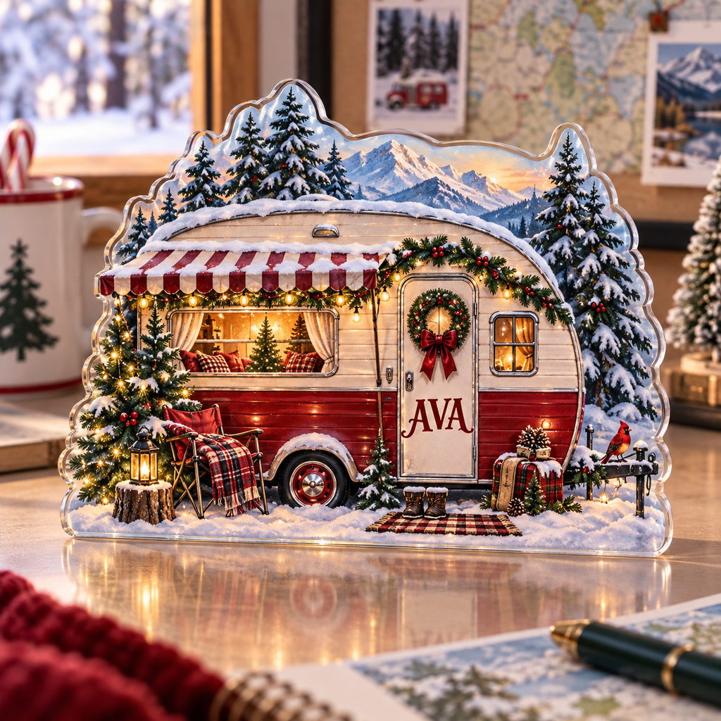 Artwork visualization: Christmas camper — office winter desk, personalized AVA, subject-shaped acrylic with printed optical 3D depth; not carved relief.