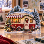 Artwork visualization: Christmas camper — office winter desk, personalized AVA, subject-shaped acrylic with printed optical 3D depth; not carved relief.