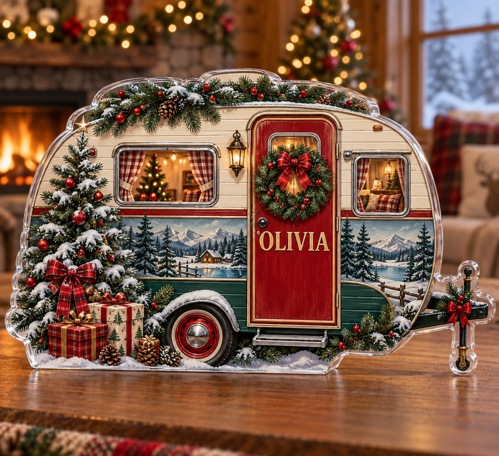 Artwork visualization: Christmas camper — family matching holiday, personalized OLIVIA, subject-shaped acrylic with printed optical 3D depth; not carved relief.
